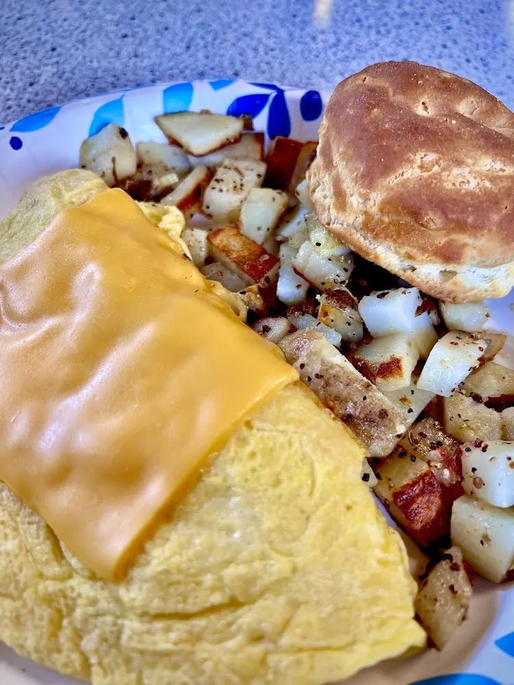 Cheese Omelette with Seasoned Home Fries and Biscuit
